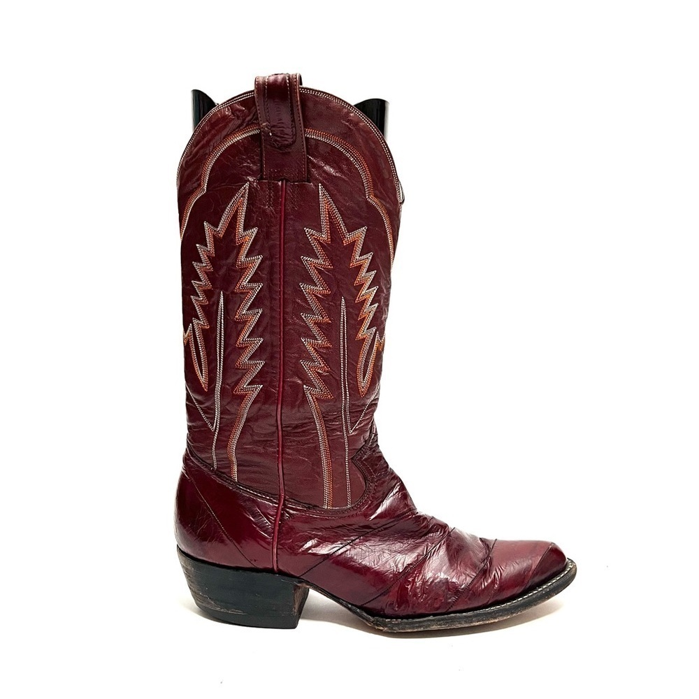 Vintage 1970s men’s eel skin oxblood leather mid calf western cowboy boots
